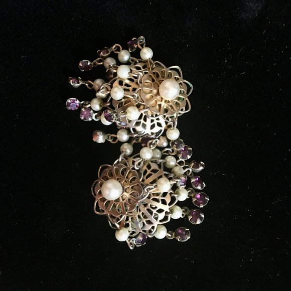 Earrings Vintage Chandelier Gold Pearls Purple Rhi - Picture 7 of 10